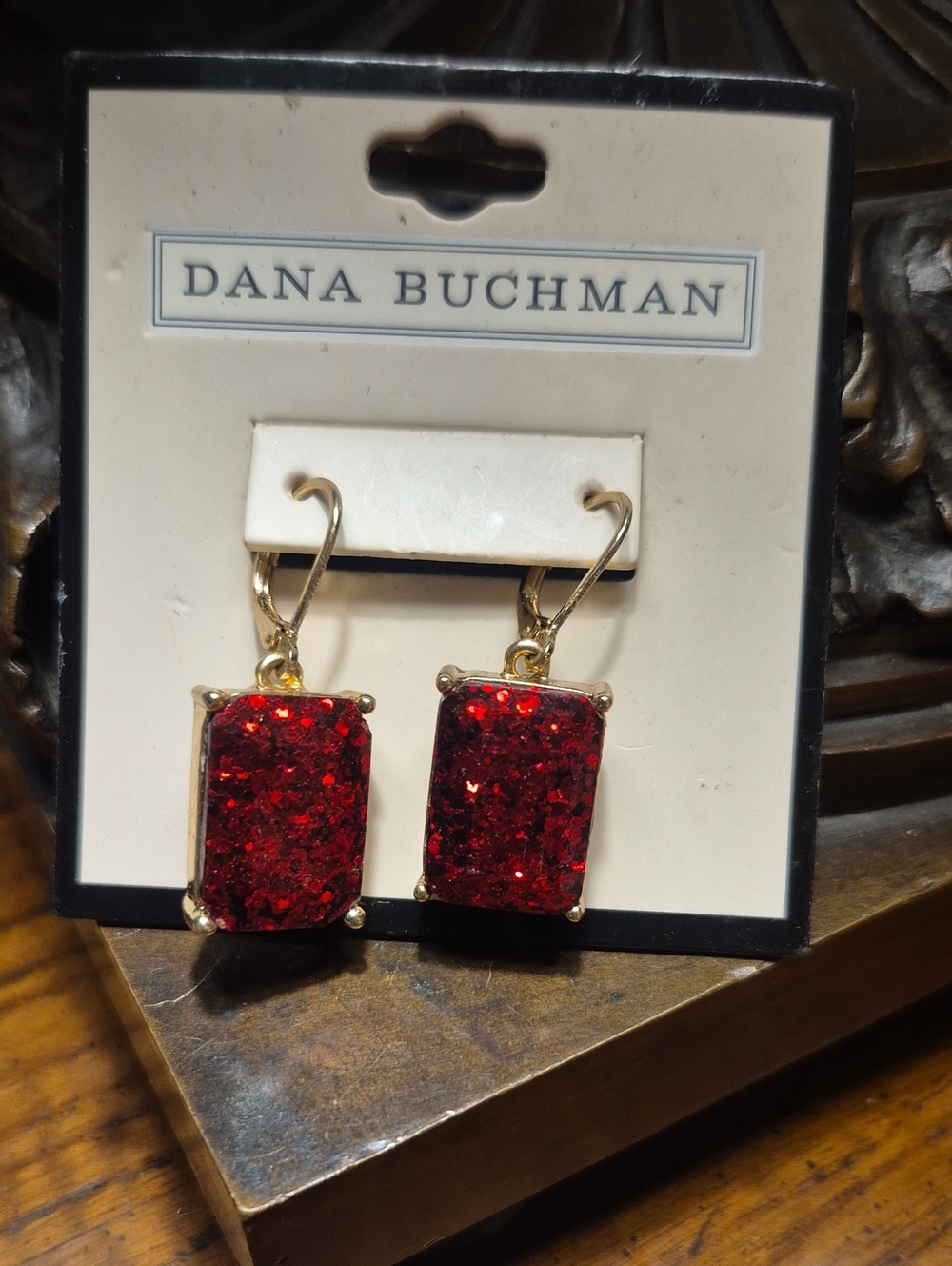 Dana Buchman Gold-Tone Red Glitter Rectangular Drop Earrings